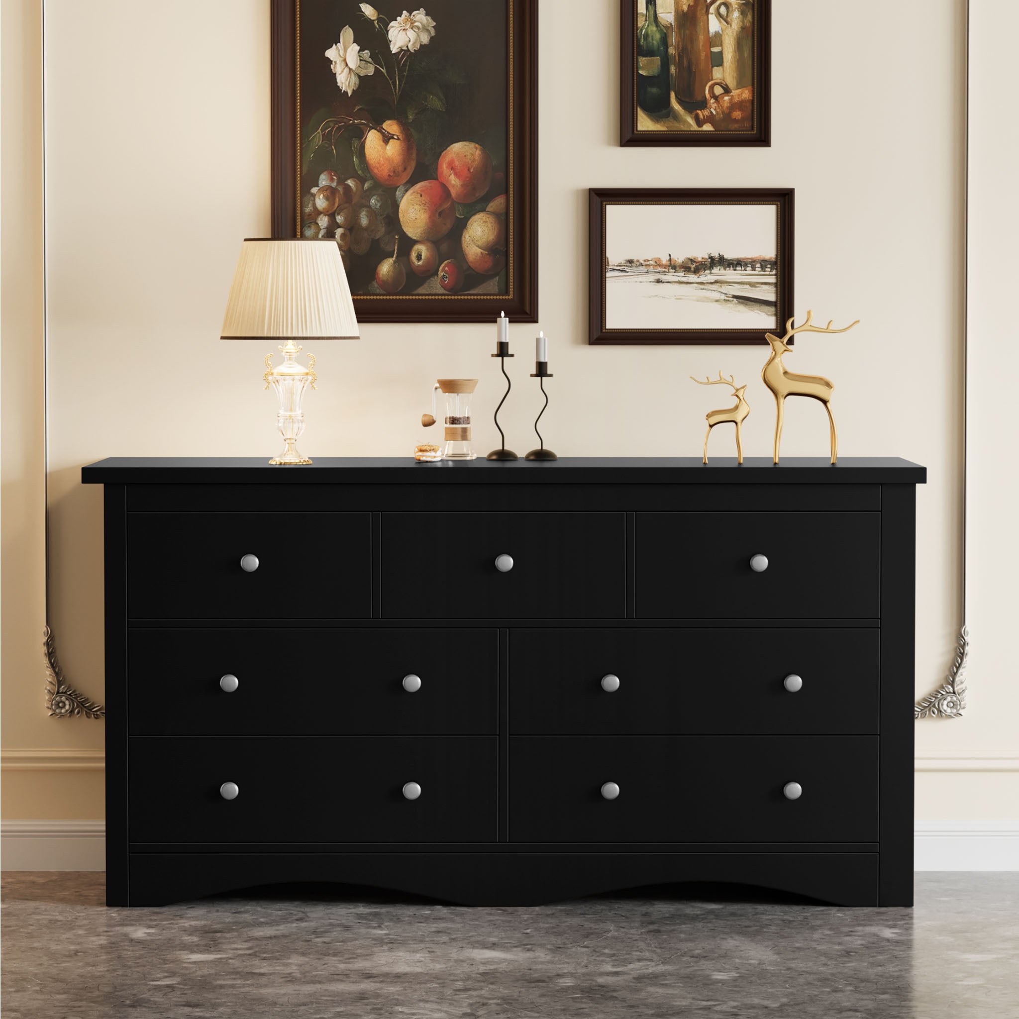 Black Treevan Hestia 7-drawer grand dresser styled elegantly in a modern bedroom or living room space with decorative accents.