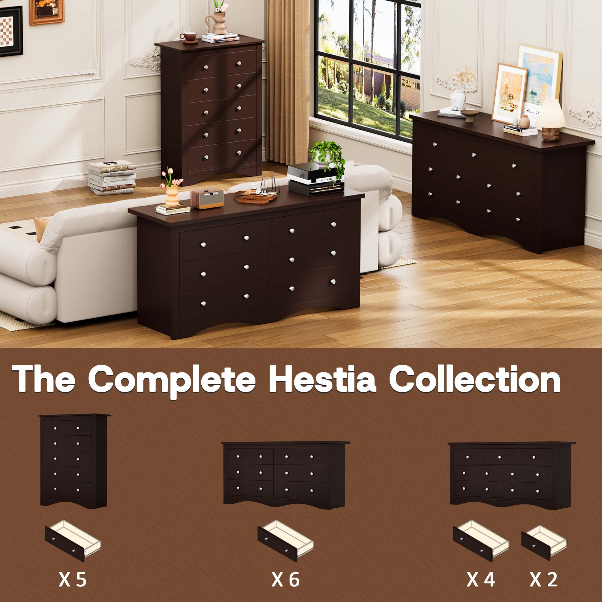 The complete Brown Treevan Hestia collection featuring the 6-drawer double dresser alongside matching tall and wide chests.