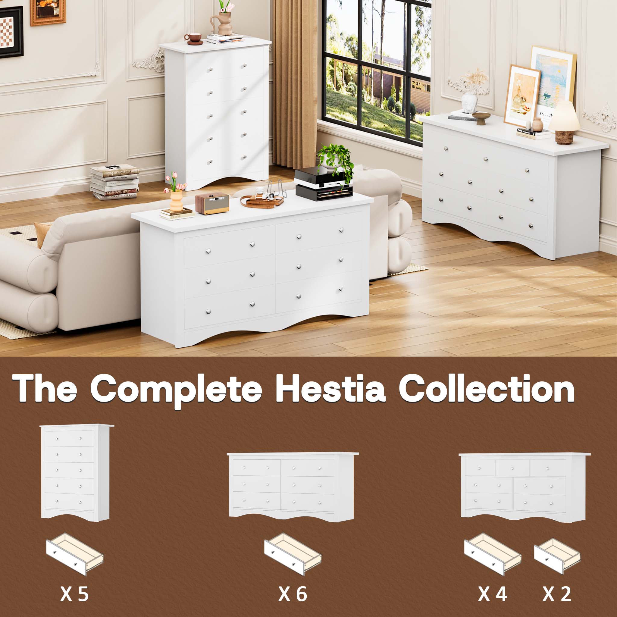 The complete White Treevan Hestia collection featuring the 6-drawer double dresser alongside matching tall and wide chests.