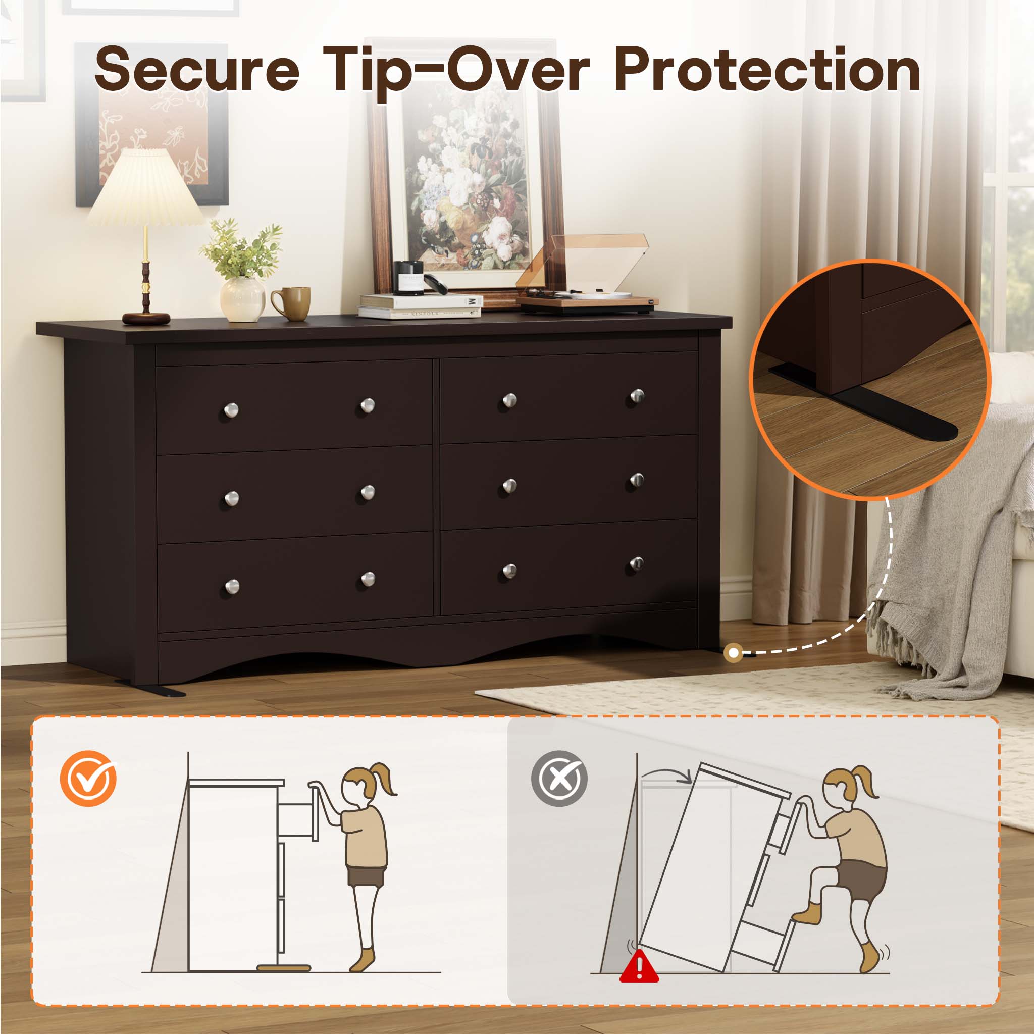 Brown Treevan Hestia double dresser featuring secure tip-over protection wall anchors for family safety.