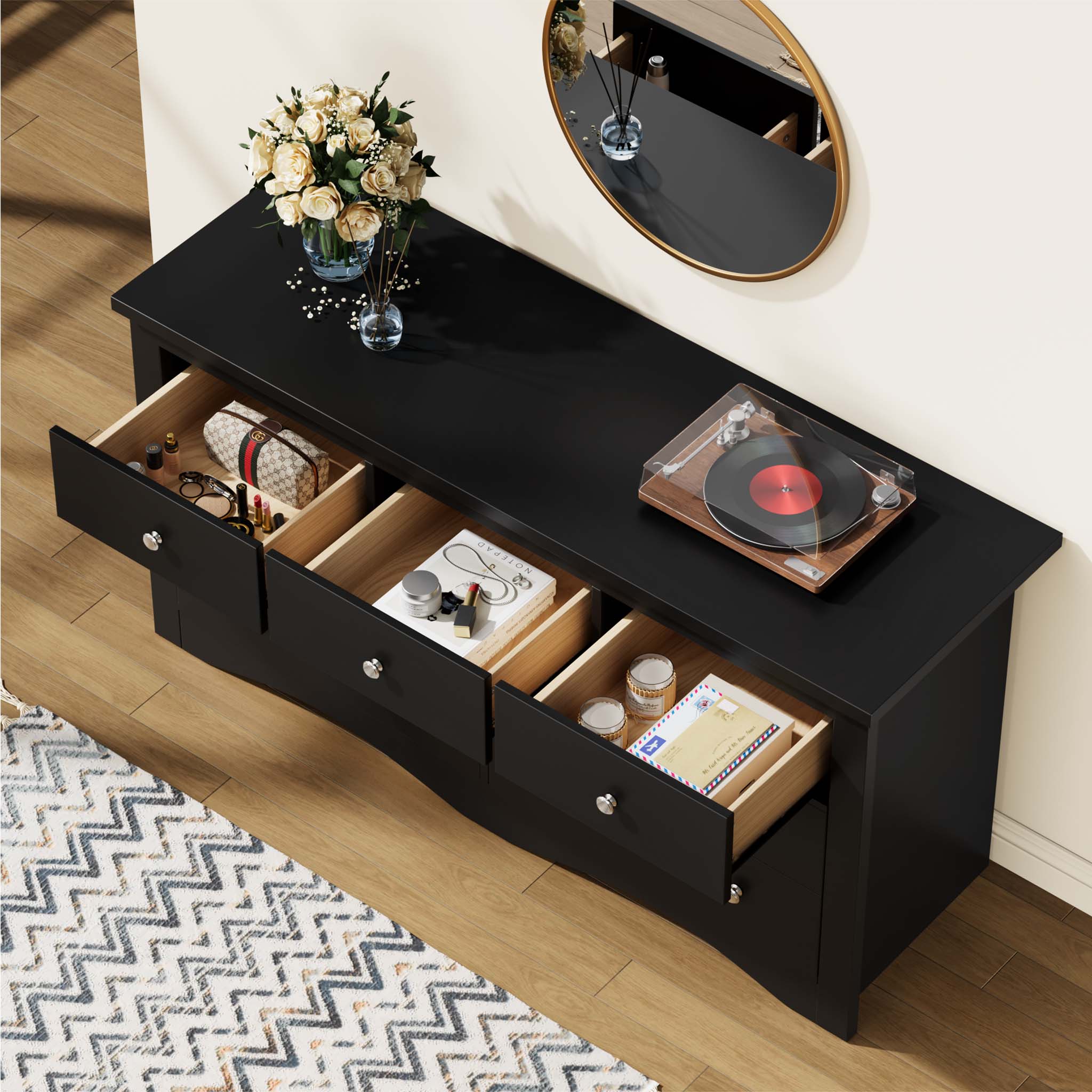 Top view of open drawers in the Black Treevan Hestia grand dresser showcasing spacious storage for cosmetics, accessories, and daily essentials.