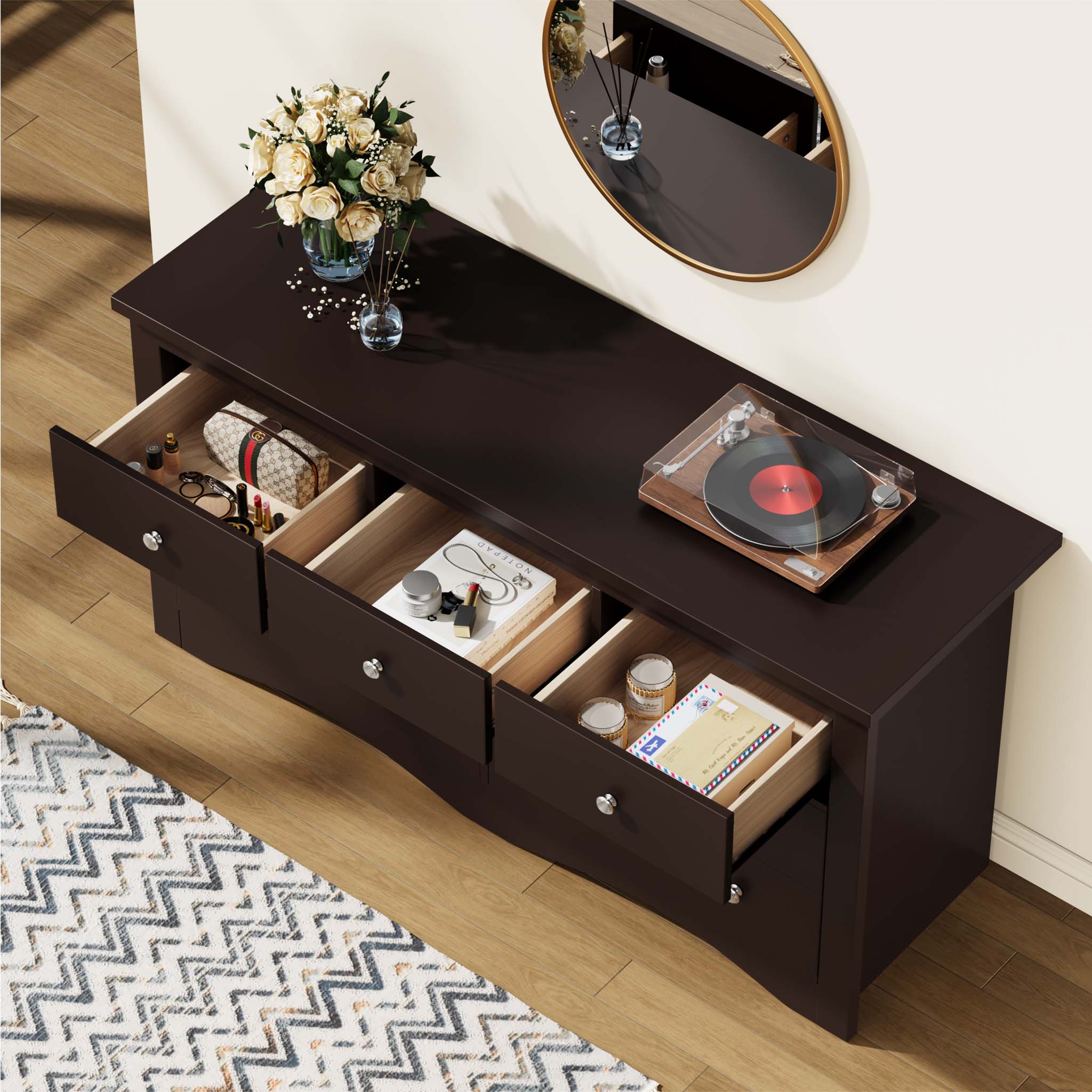 Top view of open drawers in the Brown Treevan Hestia grand dresser showcasing spacious storage for cosmetics, accessories, and daily essentials.