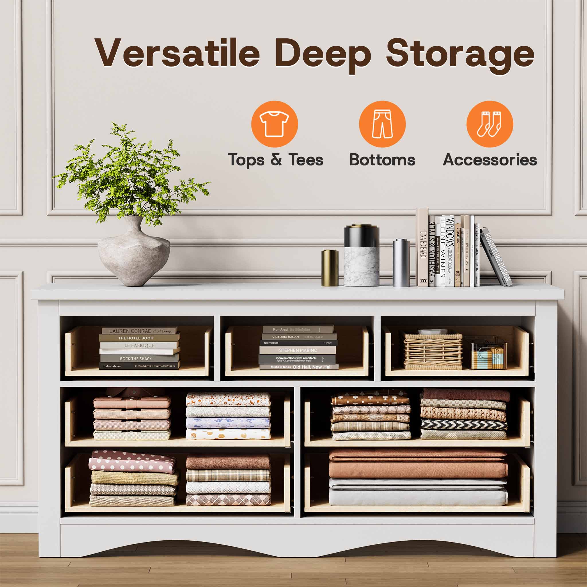 Cross-section view of the White Treevan Hestia 7-drawer grand dresser demonstrating versatile deep storage for clothes and accessories.