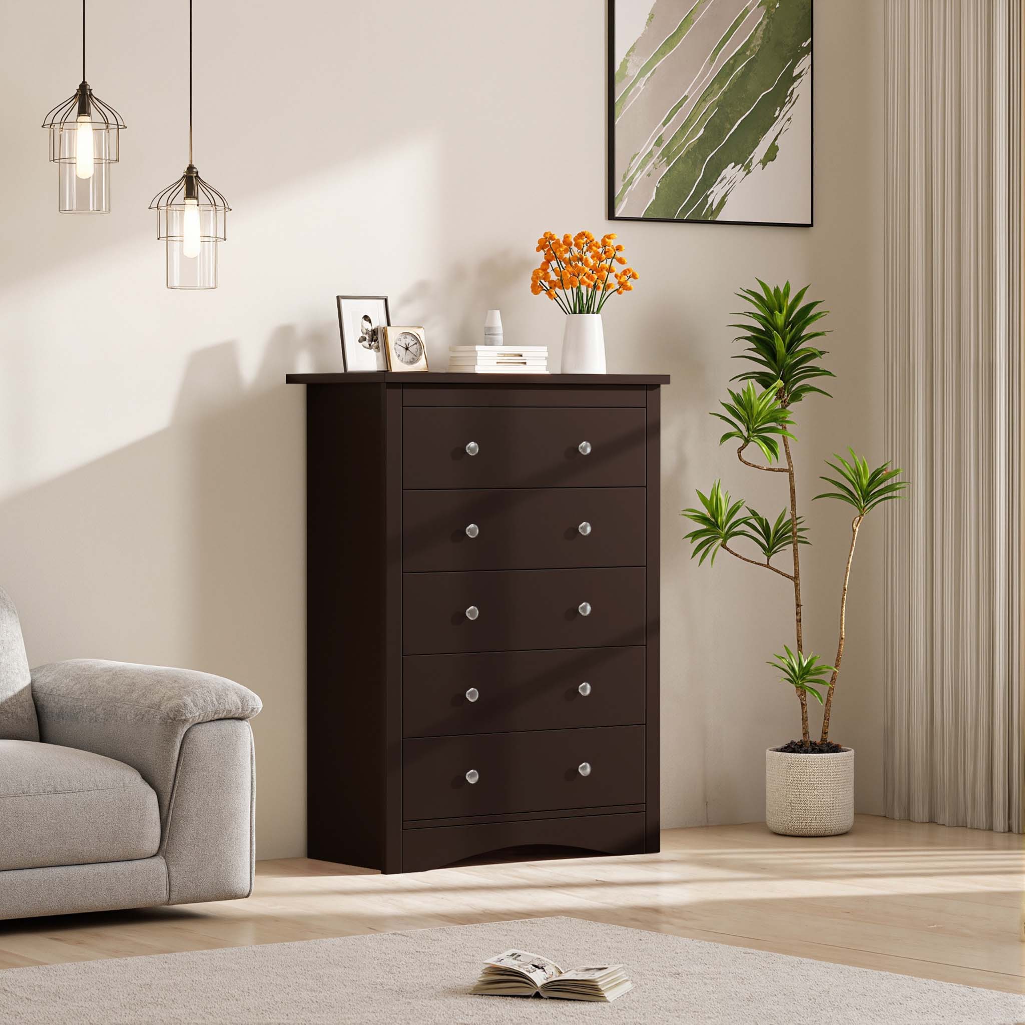 Brown Treevan Hestia 5-drawer tall chest placed in a bright and cozy room setting.