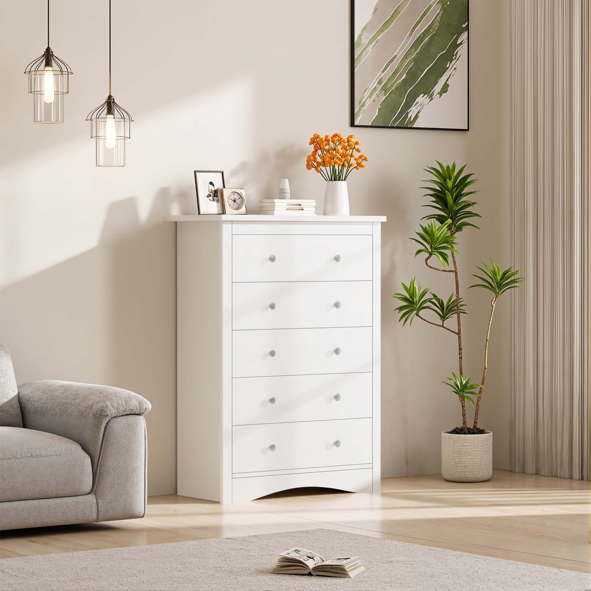 White Treevan Hestia 5-drawer tall chest placed in a bright and cozy room setting.#color_white