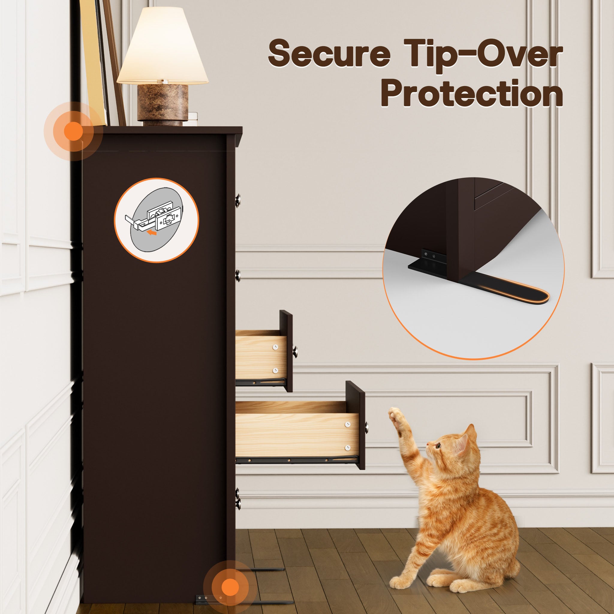 Brown Treevan Hestia tall chest featuring secure tip-over protection wall anchors for child and pet safety.
