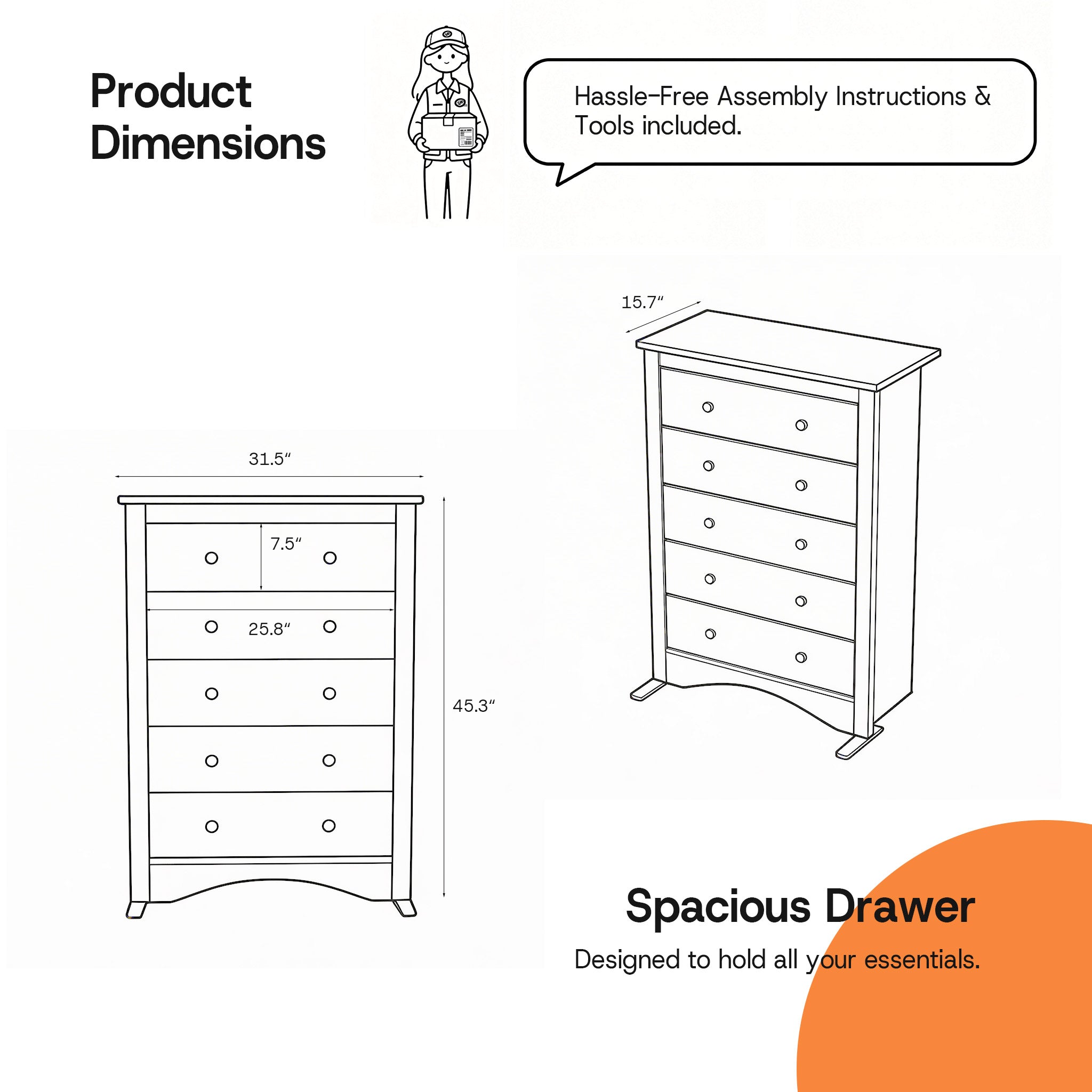Product dimension diagram for the Black Treevan Hestia 5-drawer tall chest showing overall height, width, and spacious drawer measurements.