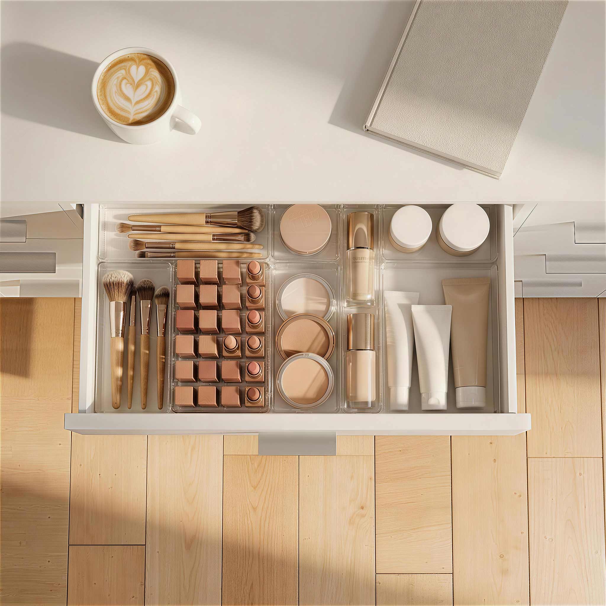 A perfectly organized white makeup vanity drawer holding neatly arranged brushes, lipsticks, and foundations, showcasing Treevan's smart storage solutions for a confident morning.