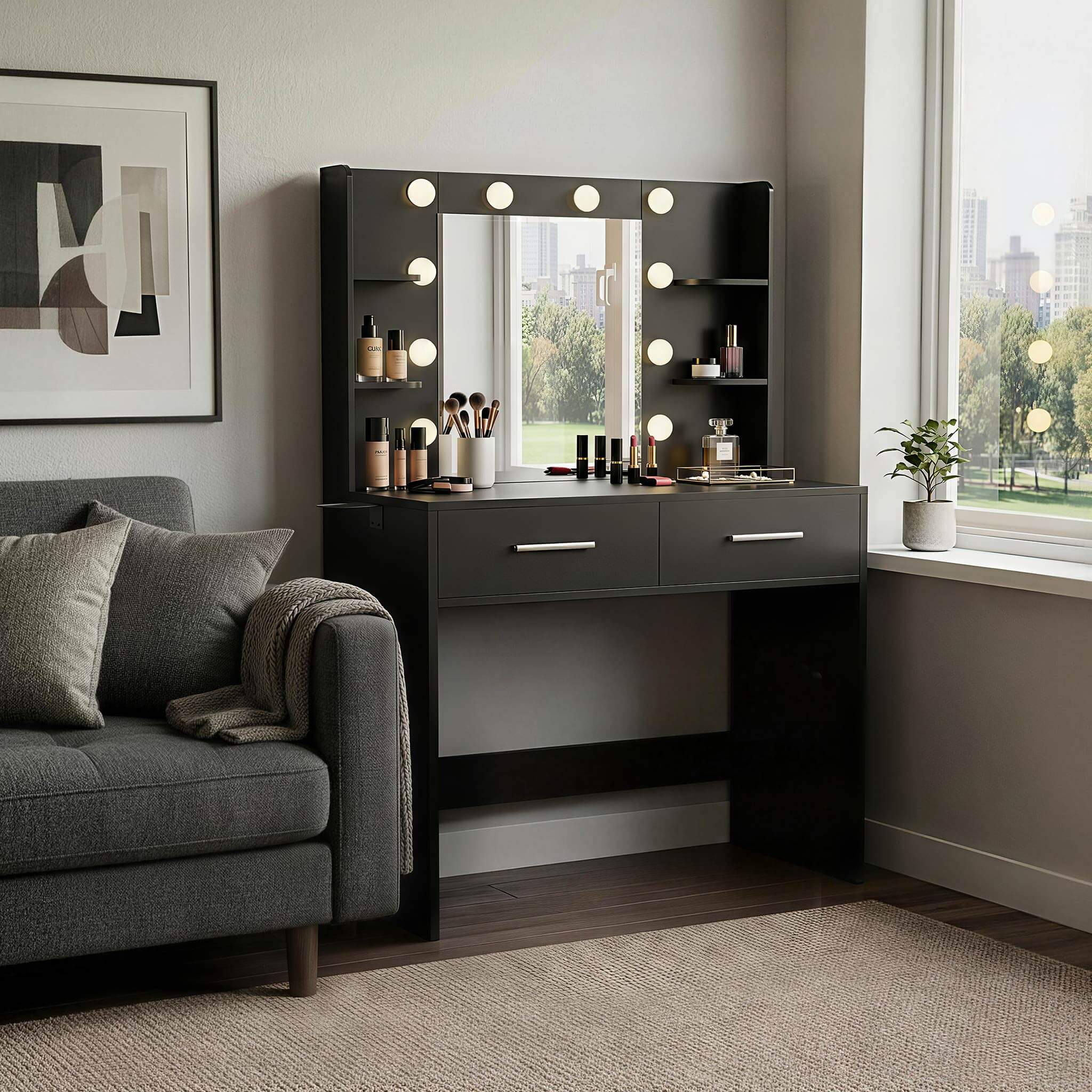 Black Treevan Muse Vanity set with stool placed in a modern bedroom setting.