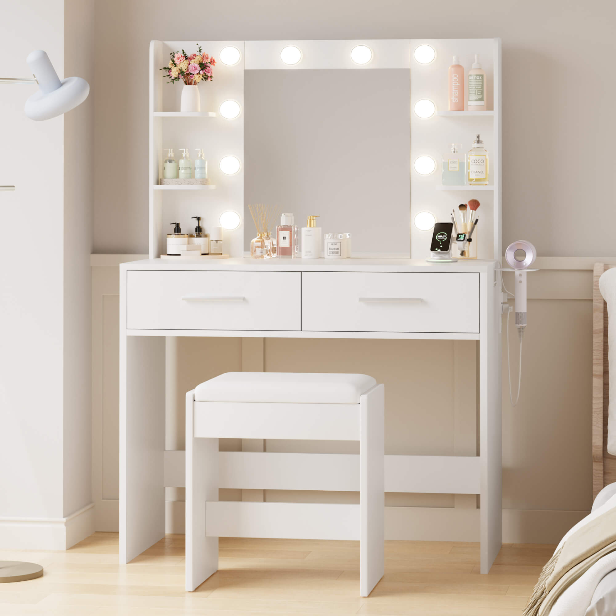 Inside the wide and deep storage drawers of the Treevan Muse vanity desk, offering maximum capacity for tall skincare bottles and makeup palettes.