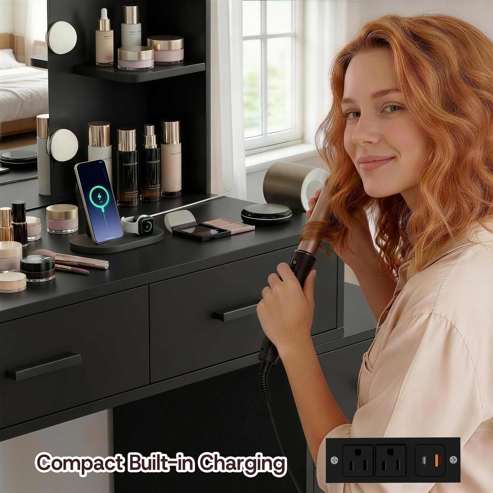 Woman styling hair at Black Treevan Muse Suite Vanity desk featuring built-in power outlets and USB ports.