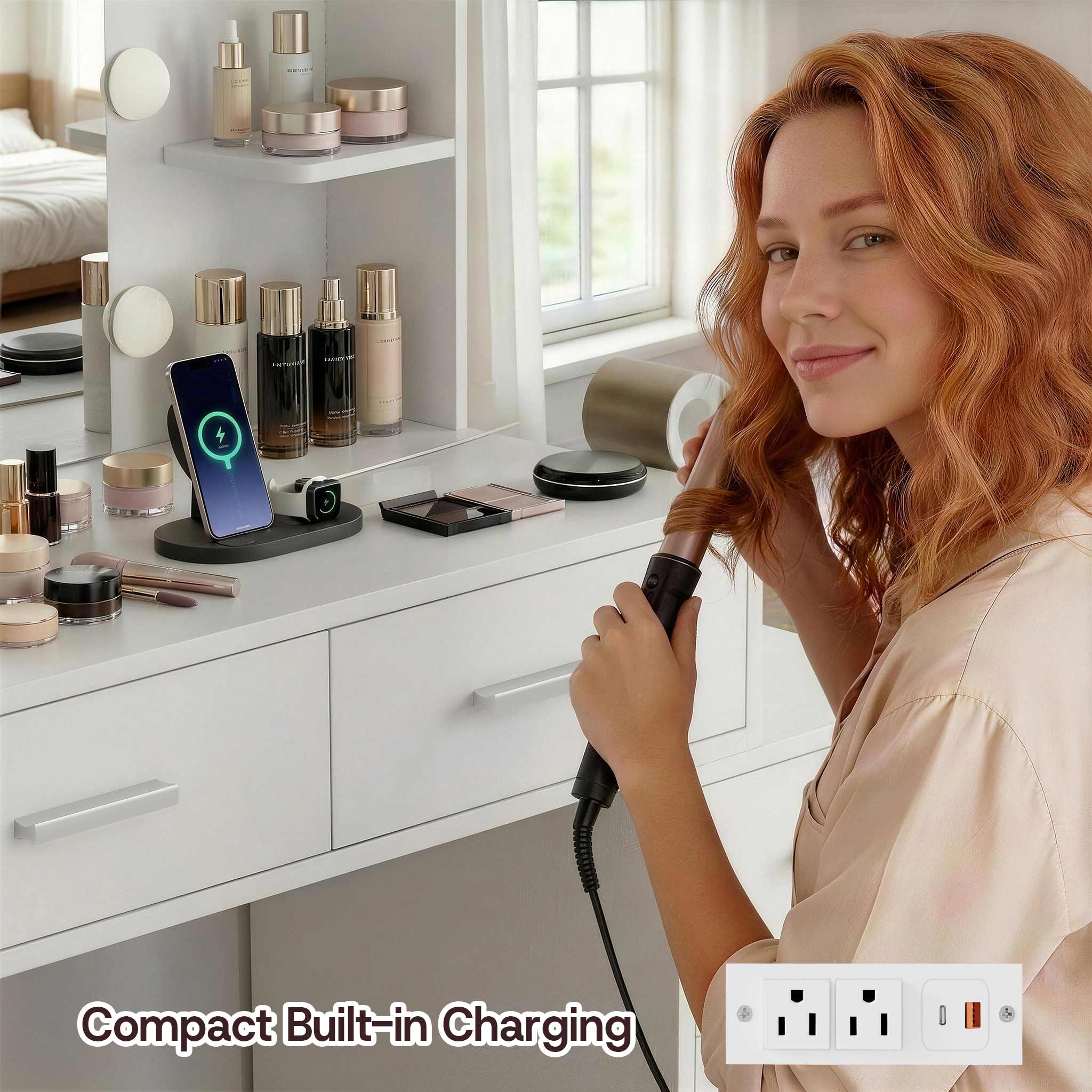 Woman styling hair at White Treevan Muse Suite Vanity desk featuring built-in power outlets and USB ports.