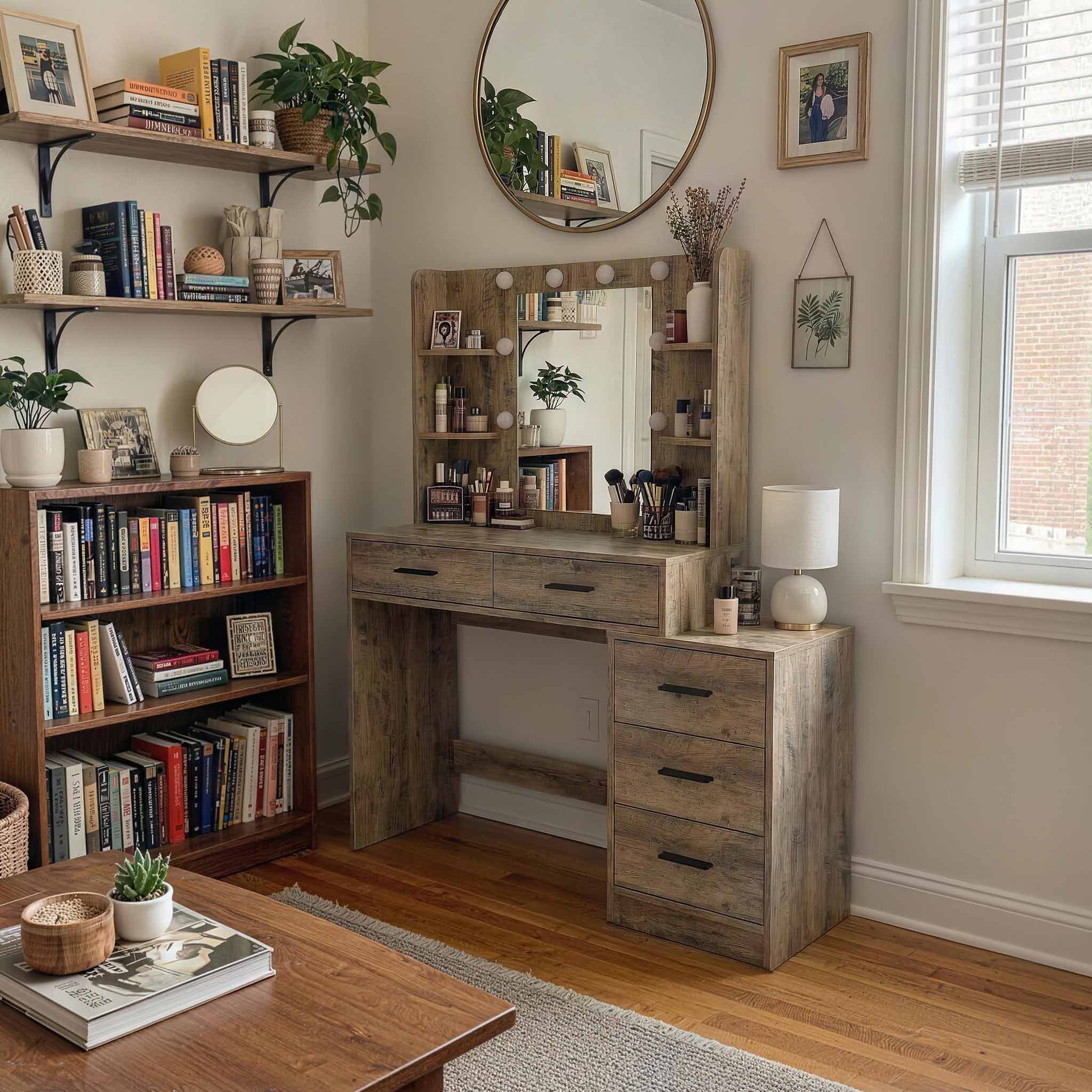 Rustic Oak Treevan Muse Suite Vanity desk used as a home office workspace in a cozy bedroom corner with bookshelves.