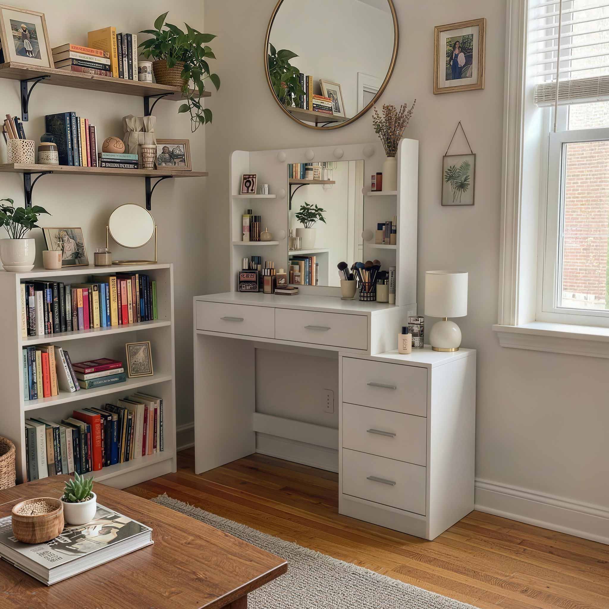 White Treevan Muse Suite Vanity desk used as a home office workspace in a cozy bedroom corner with bookshelves.