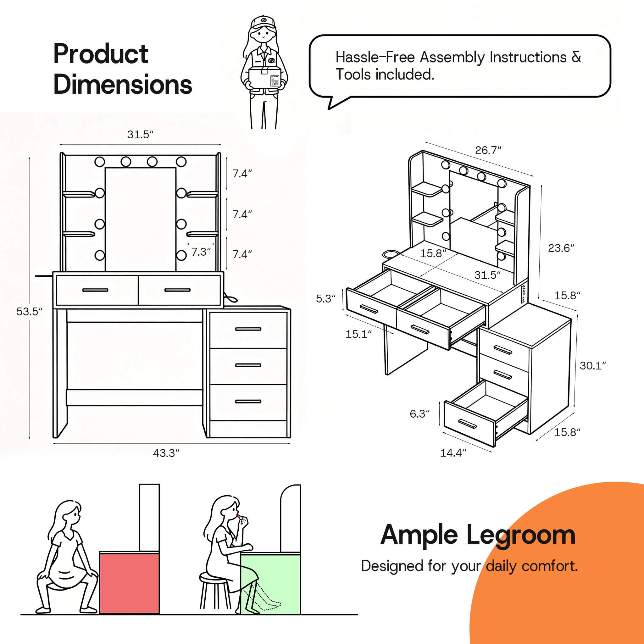 Product dimension diagram for White Treevan Muse Suite Vanity table showing extendable width and height.