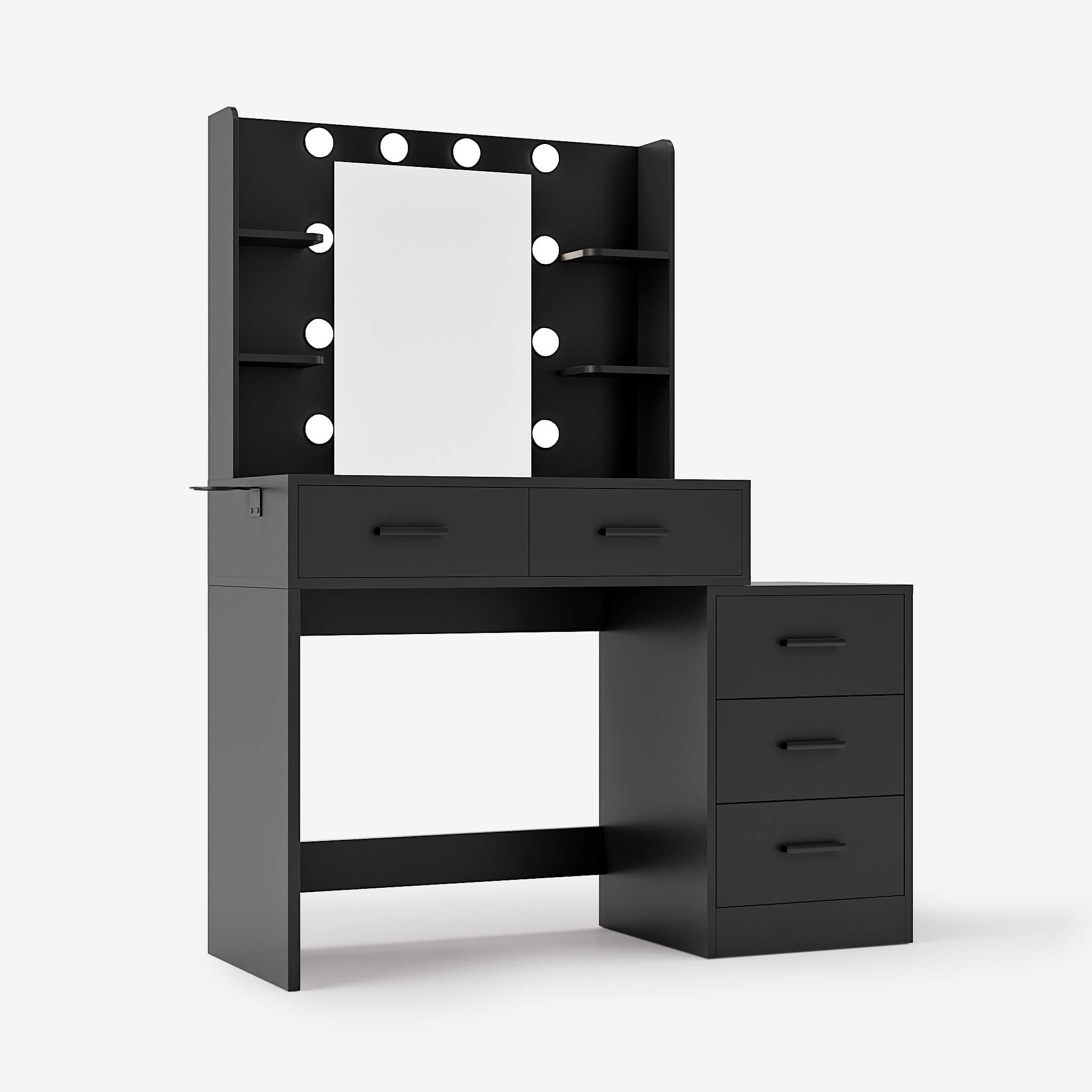 Black Treevan Muse Suite Vanity desk featuring a movable side chest and 5 drawers for maximum storage.#color_black
