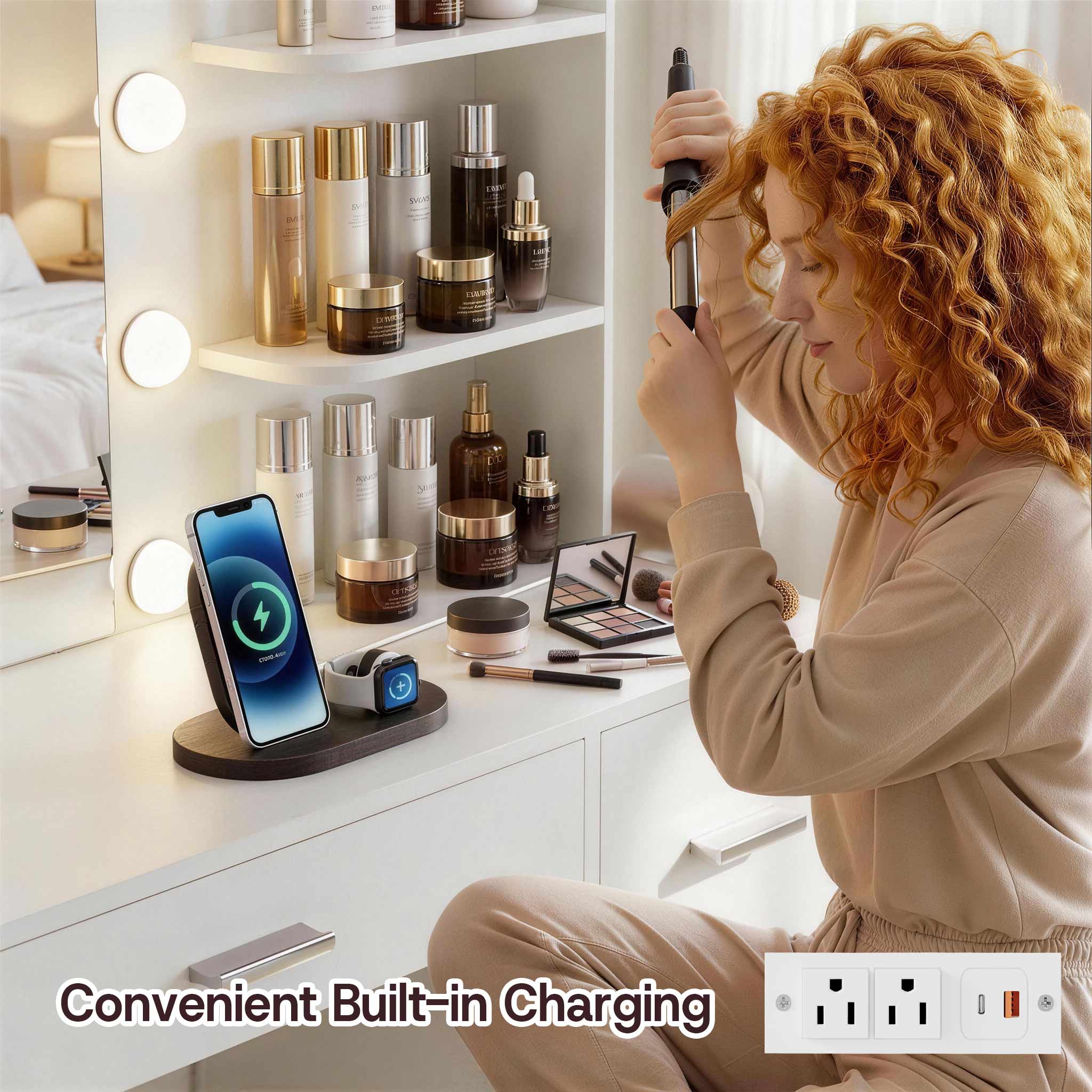 Woman styling hair at White Treevan Muse Tower Vanity desk featuring a convenient built-in charging station.