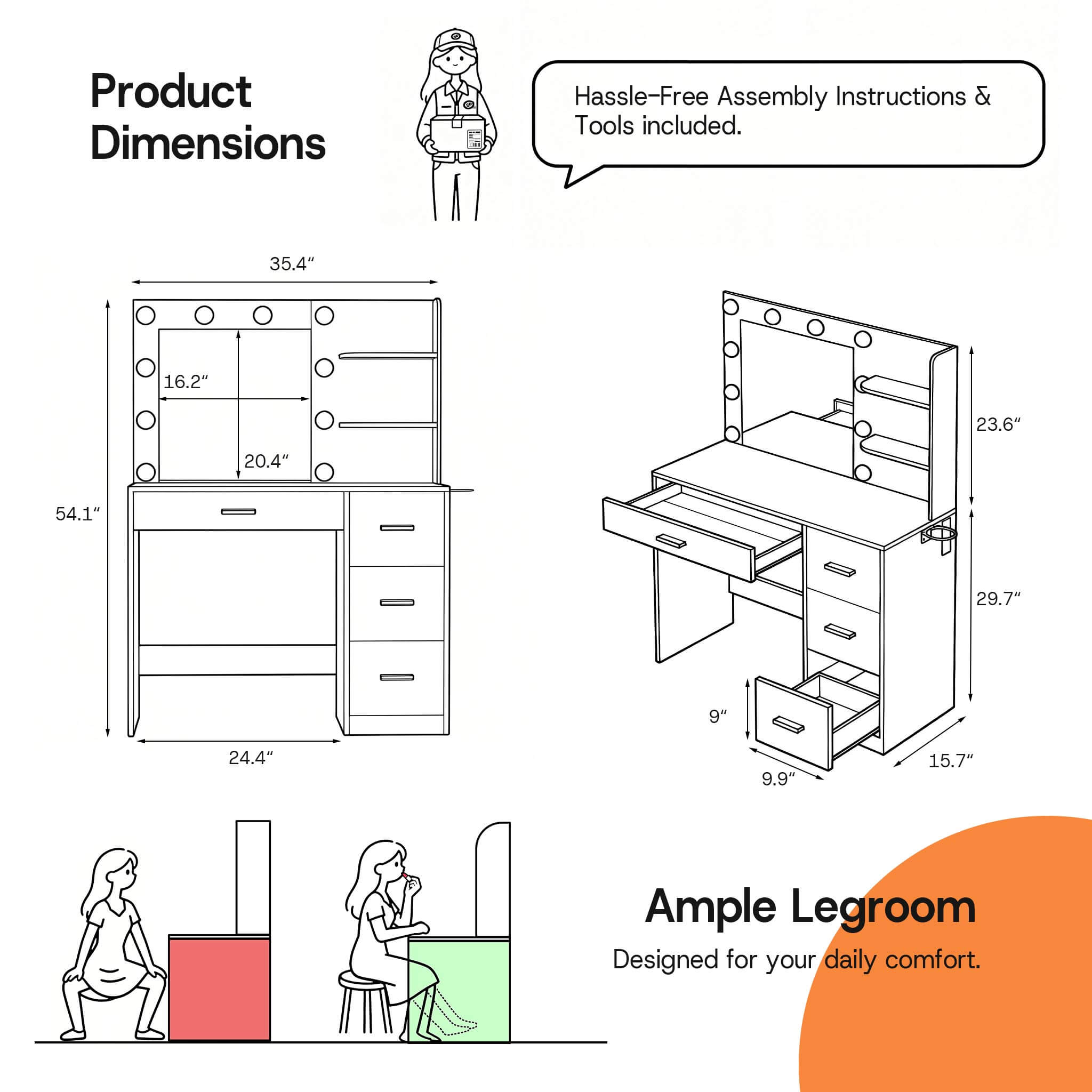 Product dimension diagram for White Treevan Muse Tower Vanity table showing height, width, and legroom.