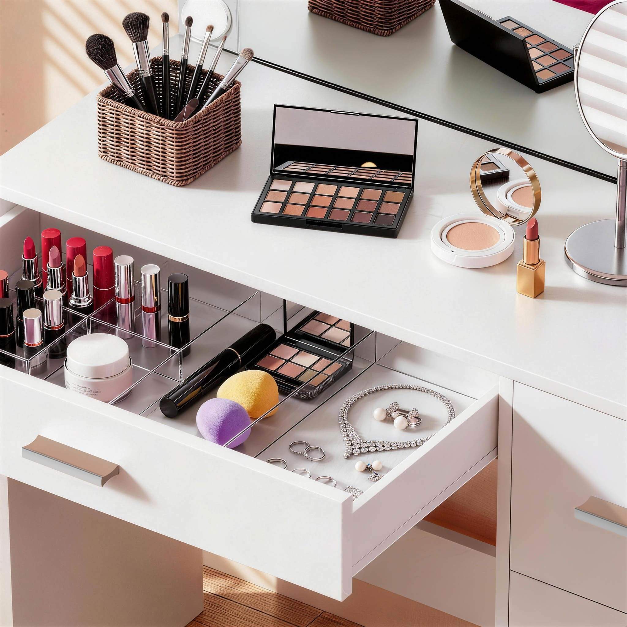 Close-up view of White Treevan Muse Tower Vanity drawer storage space organized with cosmetics.