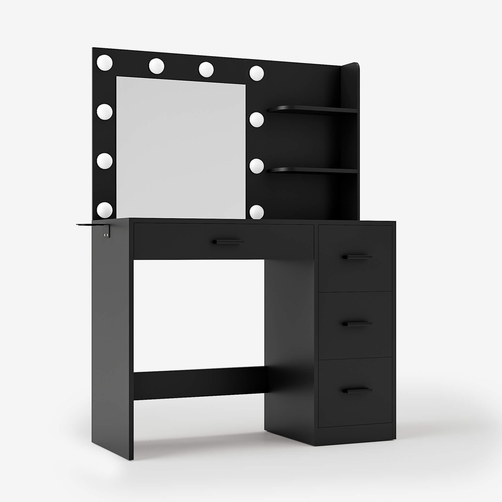 Black Treevan Muse Tower Vanity table featuring a lighted mirror and vertical storage shelves.#color_black