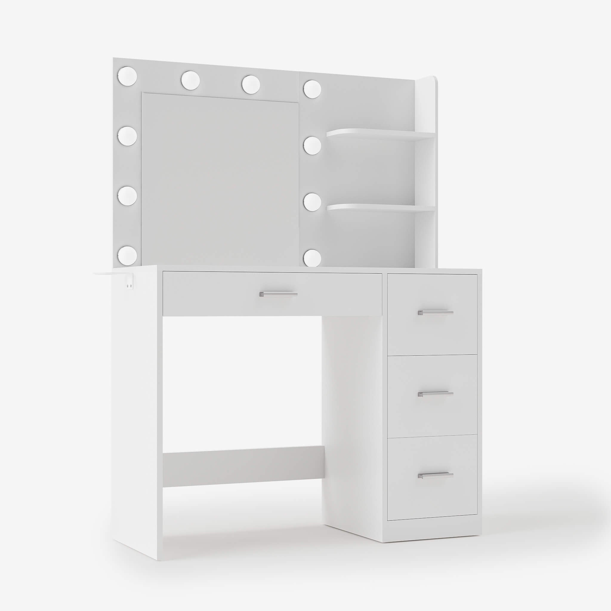 White Treevan Muse Tower Vanity table featuring a lighted mirror and vertical storage shelves.