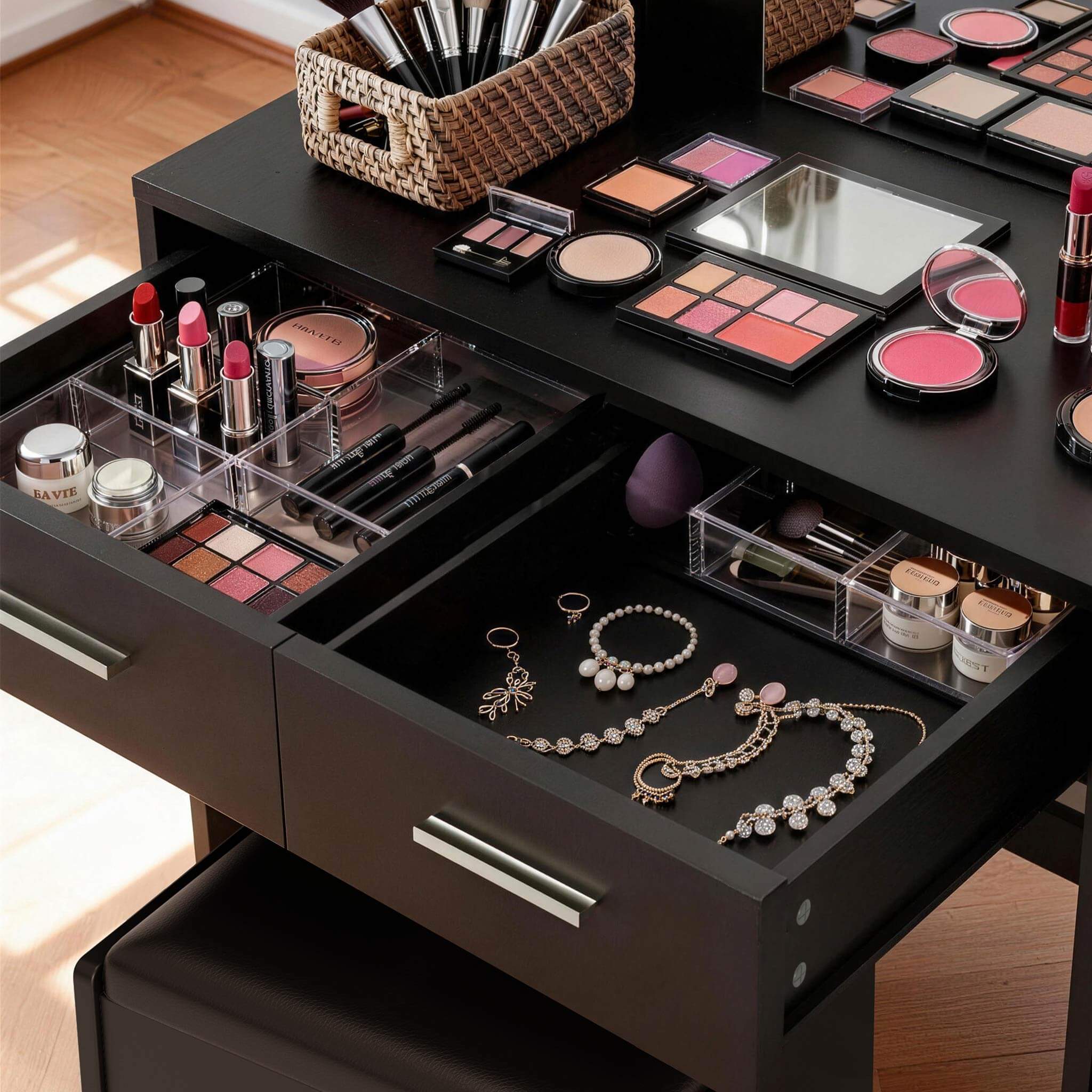 Close-up view of Black Treevan Muse Vanity drawer storage space organized with cosmetics.