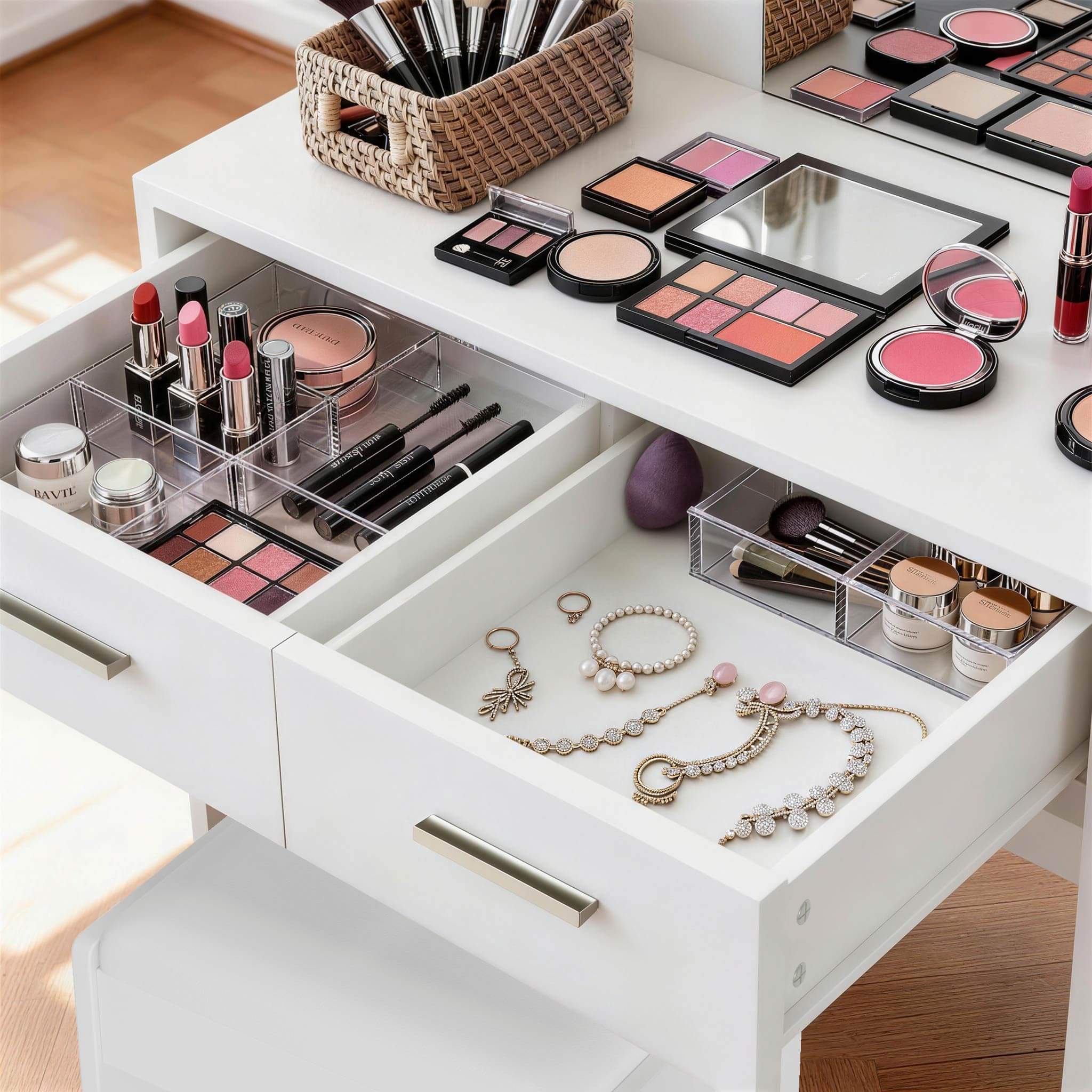 Close-up view of White Treevan Muse Vanity drawer storage space organized with cosmetics.