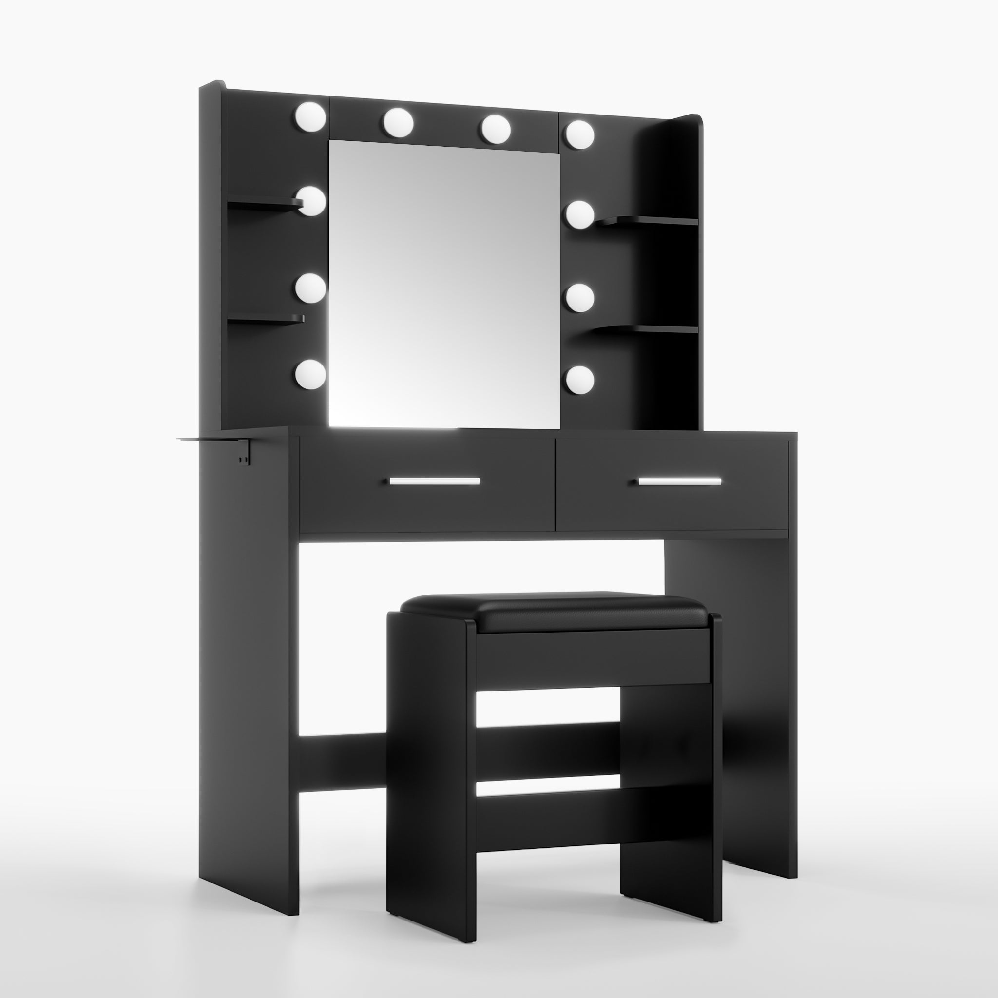 Black Treevan Muse Vanity table with stool featuring 6 open shelves and a lighted mirror.
