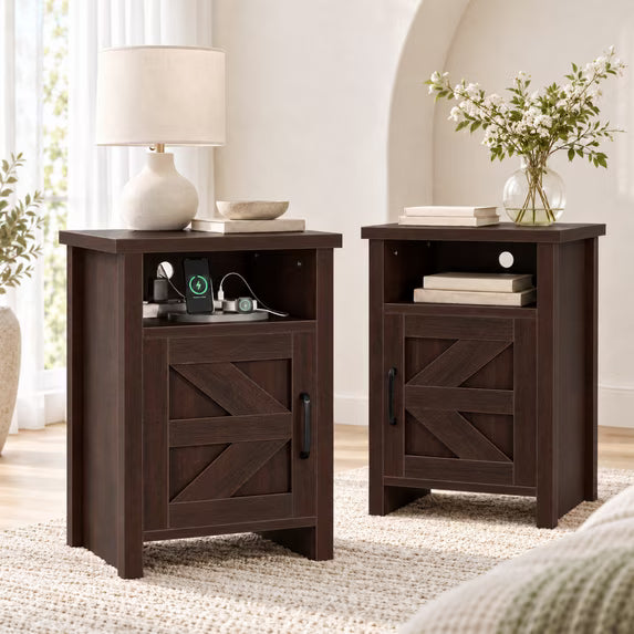 Treevan 1 Pack Barn Door Nightstand with Open Shelf, 16 in End Table for Bedroom