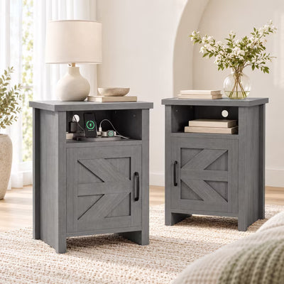 Treevan 1 Pack Barn Door Nightstand with Open Shelf, 16 in End Table for Bedroom
