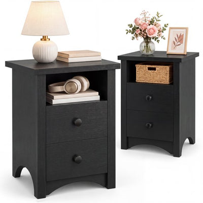 Treevan Nightstand Set of 2 with Open Shelf, 16 in 2 Drawer End Table for Bedroom