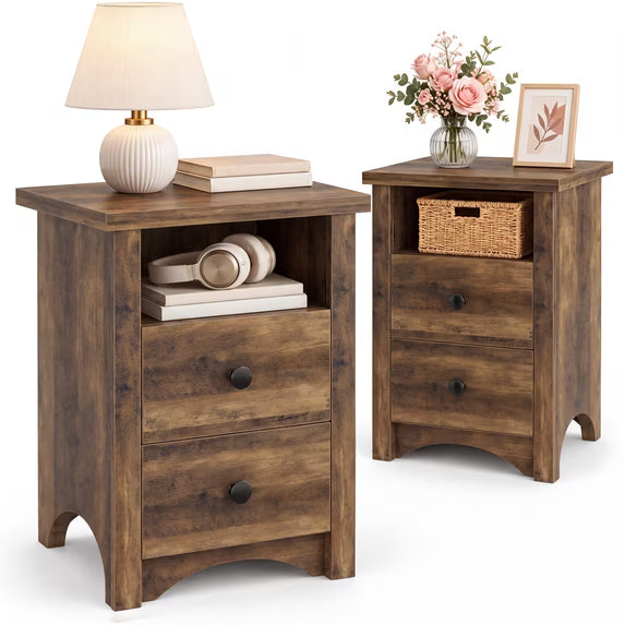Treevan Nightstand Set of 2 with Open Shelf, 16 in 2 Drawer End Table for Bedroom