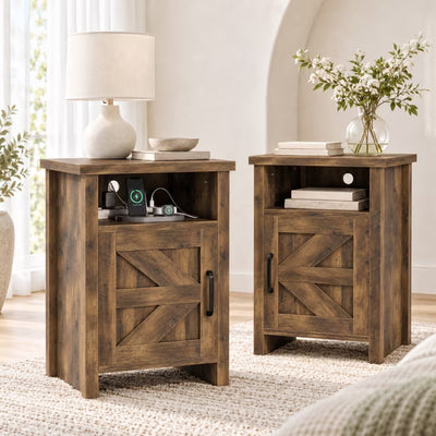 Treevan 1 Pack Barn Door Nightstand with Open Shelf, 16 in End Table for Bedroom
