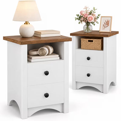 Treevan Nightstand Set of 2 with Open Shelf, 16 in 2 Drawer End Table for Bedroom