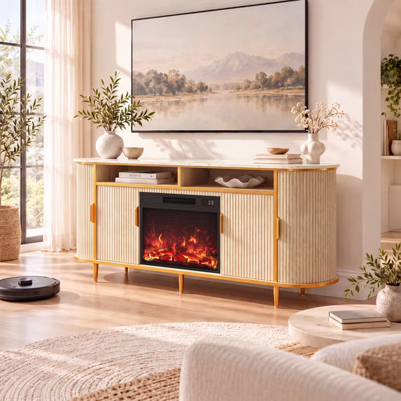 Treevan 68 in Wide TV Stand for TVs up to 75 in, Fluted Media Console with Faux Marble Top and Electric Fireplace for Living Room