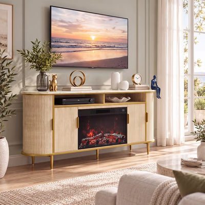 Treevan 68 in Wide TV Stand for TVs up to 75 in, Fluted Media Console with Faux Marble Top and Electric Fireplace for Living Room