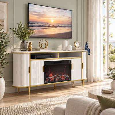 Treevan 68 in Wide TV Stand for TVs up to 75 in, Fluted Media Console with Faux Marble Top and Electric Fireplace for Living Room