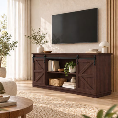 Treevan 58 in Sliding Barn Door TV Stand for TVs up to 65 in, Media Console with Open Shelves for Living Room