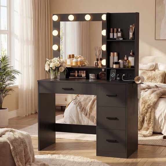 Treevan Makeup Vanity with Lighted Bulb Mirror, Charging Station & Hai ...