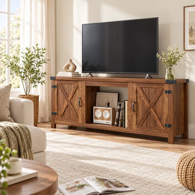 Treevan 58 in TV Stand with 300 lb Top for TVs up to 65 in, Barn Door Media Console with Open Storage for Living Room
