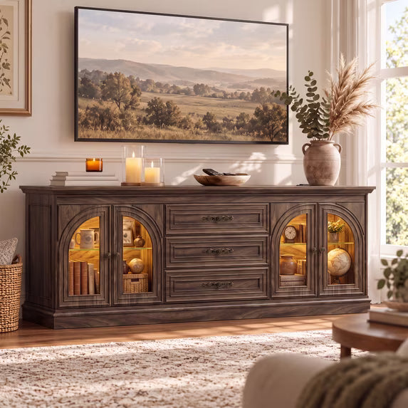 Treevan 63 in Arched Glass TV Stand with 3 Drawers for TVs up to 70 in, Media Console with 20 Color LED for Living Room