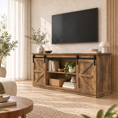 Treevan 58 in Sliding Barn Door TV Stand for TVs up to 65 in, Media Console with Open Shelves for Living Room