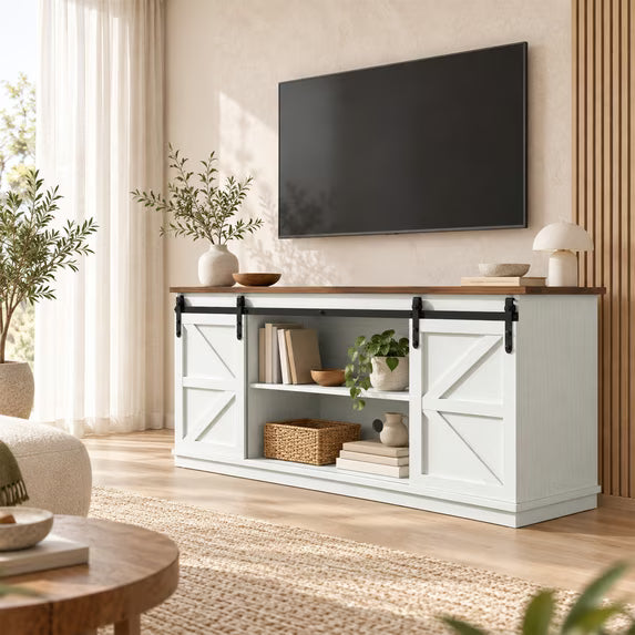 Treevan 58 in Sliding Barn Door TV Stand for TVs up to 65 in, Media Console with Open Shelves for Living Room