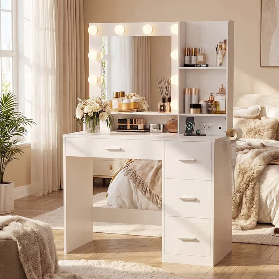 Center Bulb Treevan Makeup Vanity with Lighted Bulb Mirror, Charging Station & Hai ...
