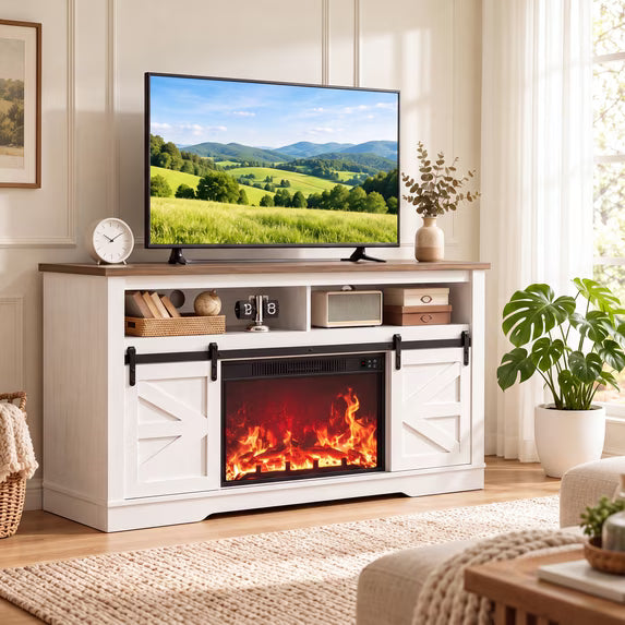 Treevan 59 in Fireplace TV Stand with 5100 BTU Heater for TVs up to 65 in, Barn Door Media Console with Removable Insert for Living Room