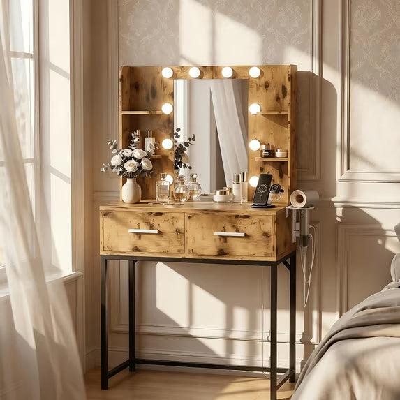 Treevan Black & Gold Makeup Vanity Desk with Hollywood LED Mirror, Cha ...