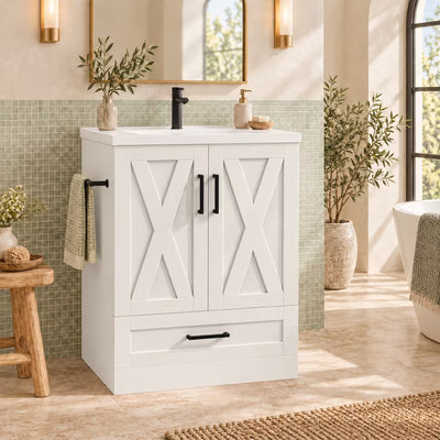 Treevan Bathroom Vanity with Resin Sink, 24 in Storage Cabinet with Barn Door for Bath