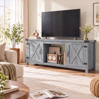 Treevan 58 in TV Stand with 300 lb Top for TVs up to 65 in, Barn Door Media Console with Open Storage for Living Room
