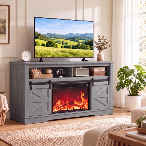 Treevan 59 in Fireplace TV Stand with 5100 BTU Heater for TVs up to 65 in, Barn Door Media Console with Removable Insert for Living Room