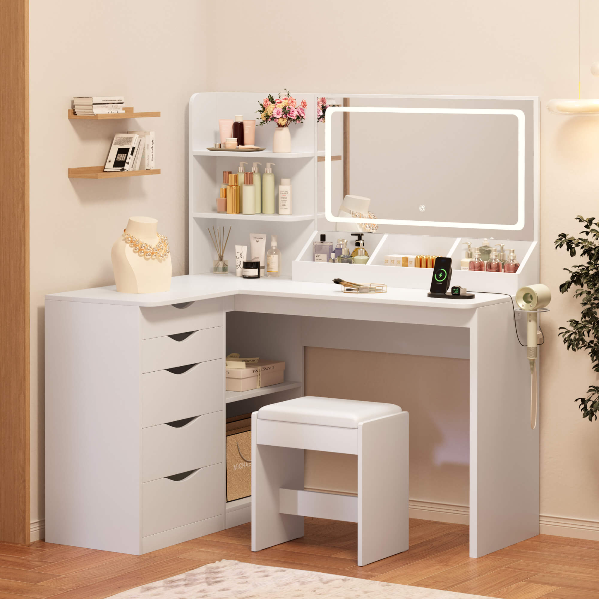 Space-saving Treevan Corner Studio makeup desk featuring a large-capacity 5-drawer system to keep your beauty essentials organized.